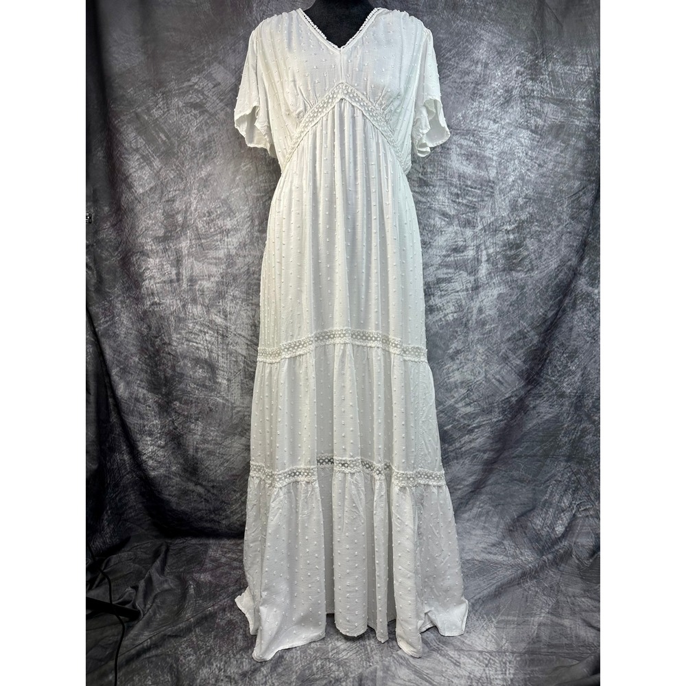 Knox Rose Maxi Dress Women Large White Swiss Dot Crochet Lace Tiered Boho